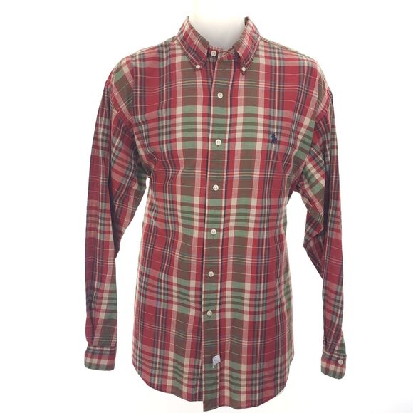 Polo Ralph Lauren PONY Mens L Shirt L/S Button Up Red Green Plaid Cotton Blue Lg - Picture 2 of 9